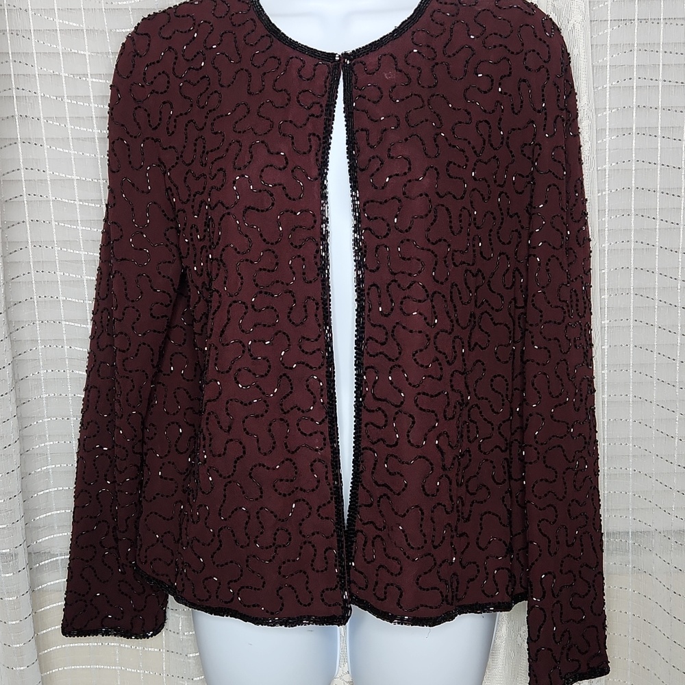 Vintage dark plum cocktail jacket by JMD New York W/ All Over Black beading SzL